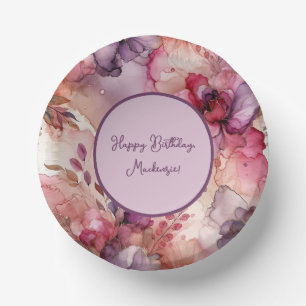 Pink and Purple Flowers Alcohol Ink Illustration Paper Plate
