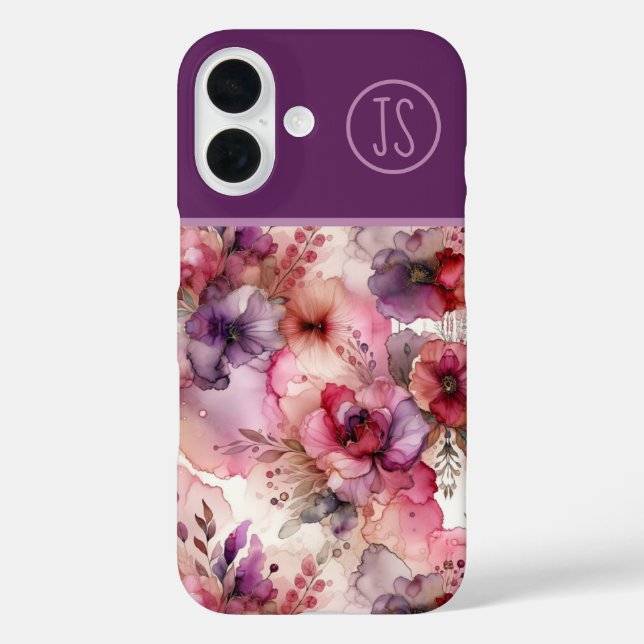 Pink and Purple Flowers Alcohol Ink Monogrammed Case-Mate iPhone Case (Back)