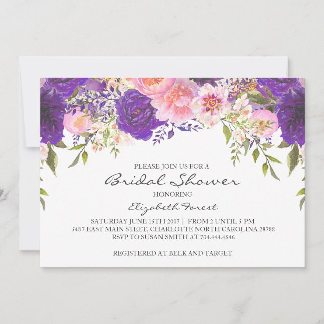 Pink and purple flowers  bridal shower invitation (Front)