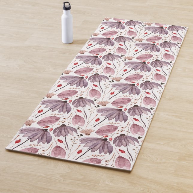 Pink And Purple Flowers Floral Pattern Yogamat Yoga Mat (In Situ)