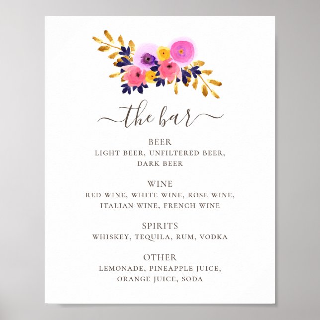 Pink and purple flowers. Floral wedding drinks bar Poster (Front)