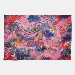 Pink and Purple Flowers Garden Original Watercolor Kitchen Towel