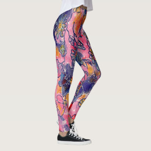 Pink and Purple Flowers Garden Original Watercolor Leggings