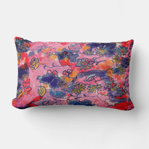 Pink and Purple Flowers Garden Original Watercolor Lumbar Pillow