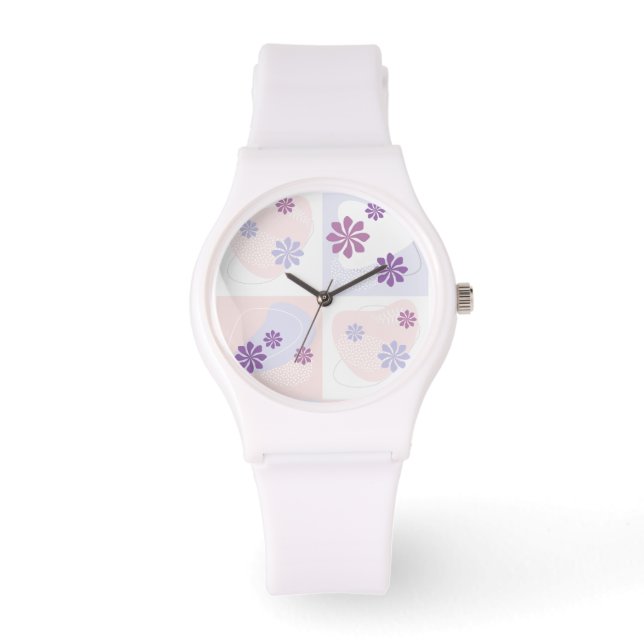 Pink and Purple Flowers on Pastel Checkers Watch (Front)