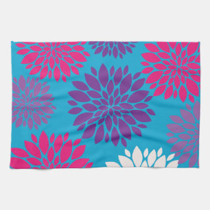 Pink and Purple Flowers on Teal Blue Kitchen Towel