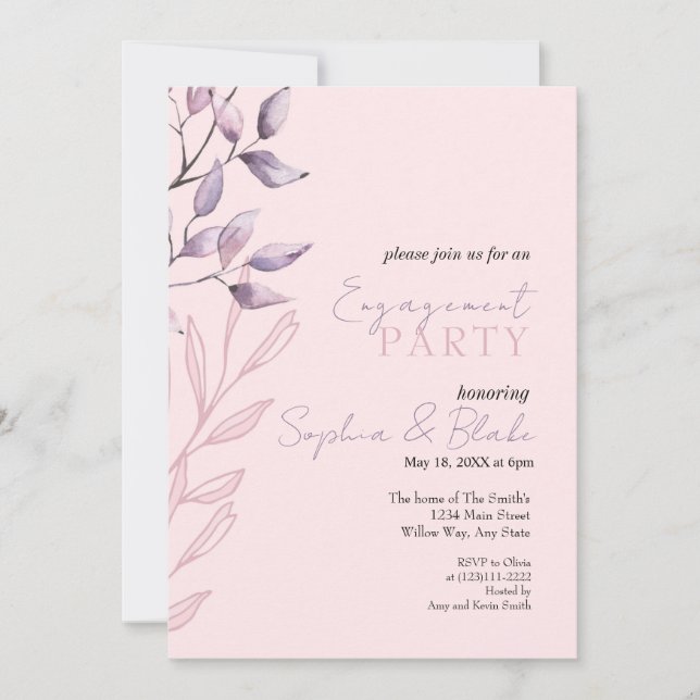 Pink and Purple Foliage Pink Engagement Party Invitation (Front)