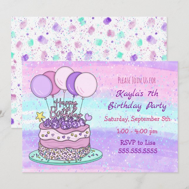 Pink and Purple Girl's Birthday  Invitation (Front/Back)