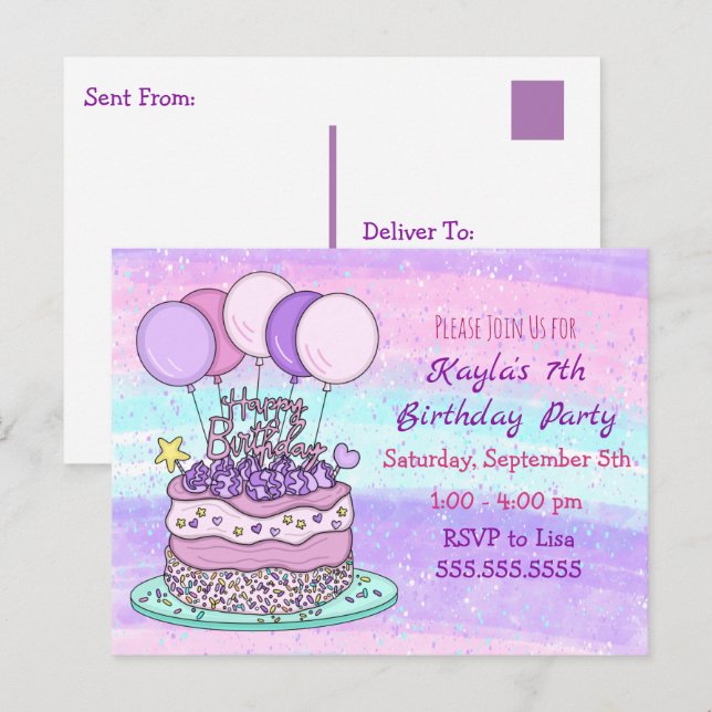 Pink and Purple Girl's Birthday    Postcard (Front/Back)