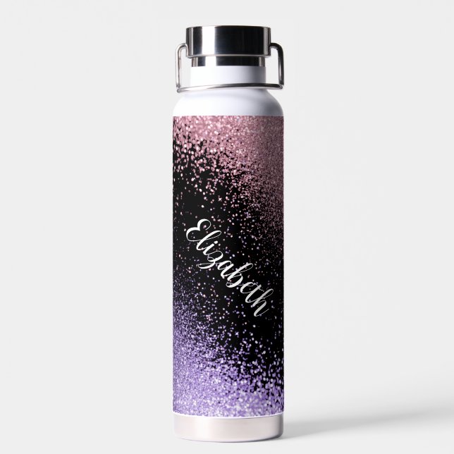 Pink and Purple Glitter on Black Water Bottle (Back)