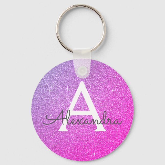 Pink and Purple Glitter & Sparkle Monogram Favour Keychain (Front)