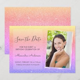Pink and Purple Glitter Sweet 16 Save the Date Invitation