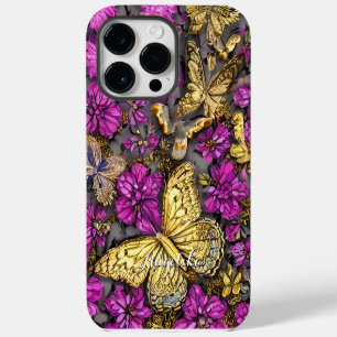 Pink and Purple Gold Butterflies Personalized Name iPhone 14 Pro Max Case