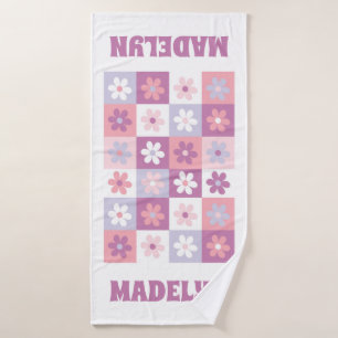 Pink and Purple Groovy Daisy Chequerboard Bath Towel