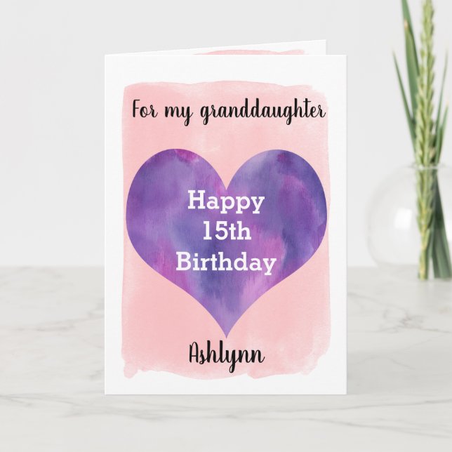 Pink and Purple Happy 15th Birthday Granddaughter Card (Front)