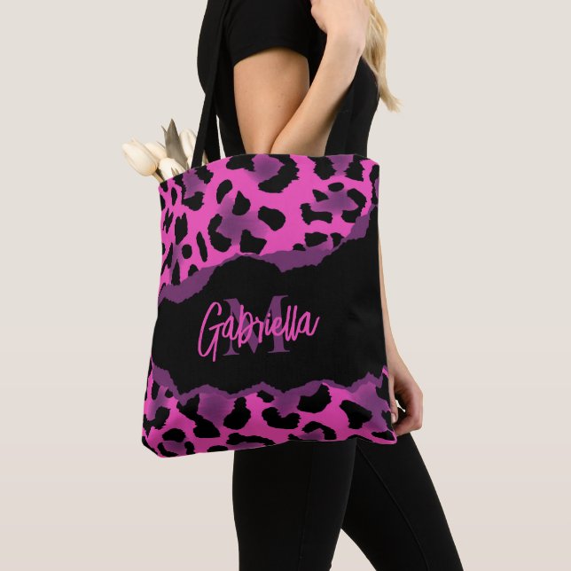 Pink and Purple Leopard Print Tote Bag (Close Up)