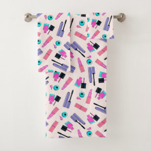 Pink and Purple Make Up Cosmetics Pattern Bath Towel Set