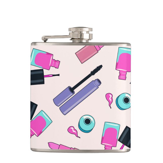 Pink and Purple Make Up Cosmetics Pattern Hip Flask (Front)