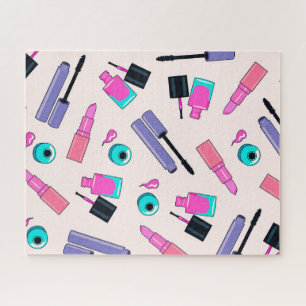 Pink and Purple Make Up Cosmetics Pattern Jigsaw Puzzle
