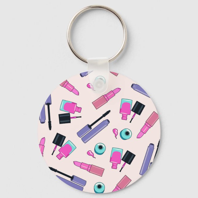 Pink and Purple Make Up Cosmetics Pattern Keychain (Front)