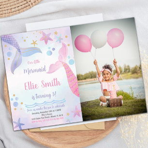 Pink and Purple Mermaid Tails Birthday Invitation