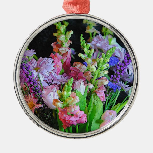 Pink and Purple Mixed Flowers Metal Ornament (Front)