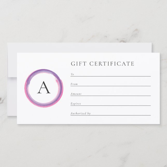 Pink and Purple Monogram Business Gift Certificate (Front)