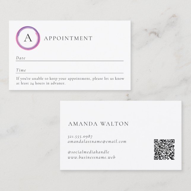 Pink and Purple Monogram QR Code Modern Appointment Card (Front/Back)