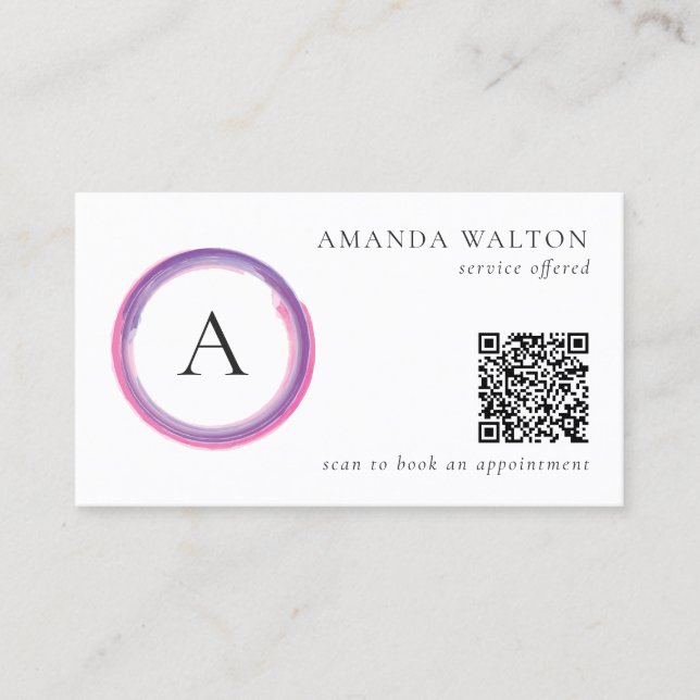 Pink and Purple Monogram QR Code Modern Business Card (Front)