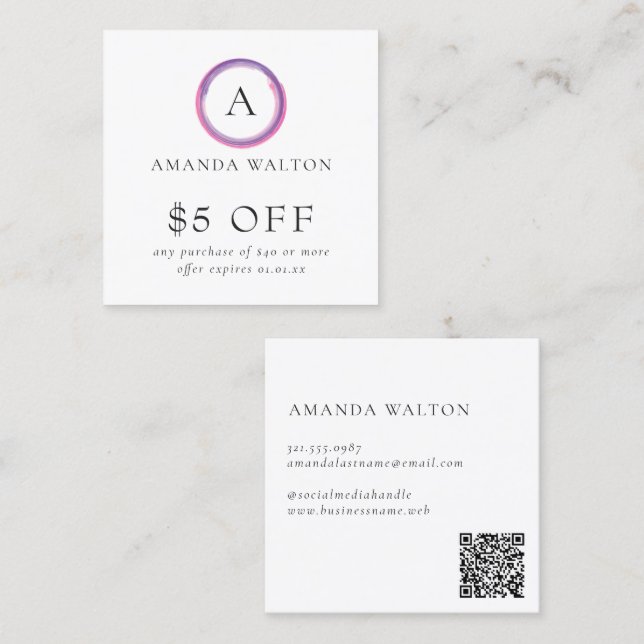 Pink and Purple Monogram QR Code Modern Discount Card (Front/Back)