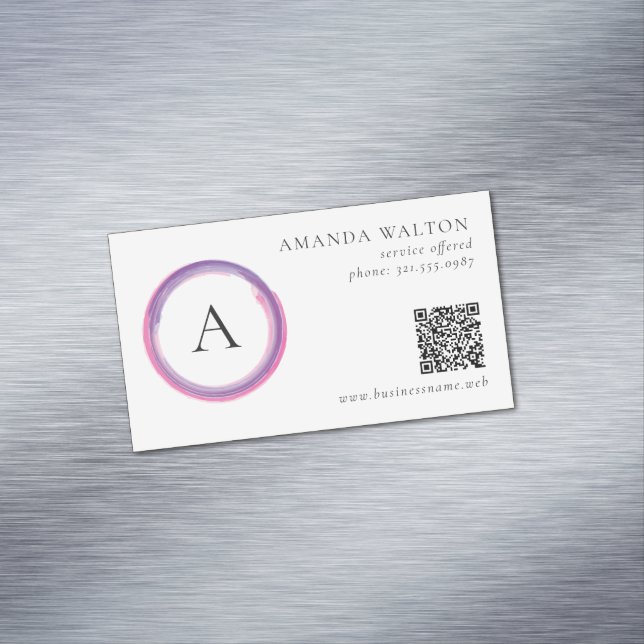 Pink and Purple Monogram QR Code Modern Magnetic Business Card (In Situ)