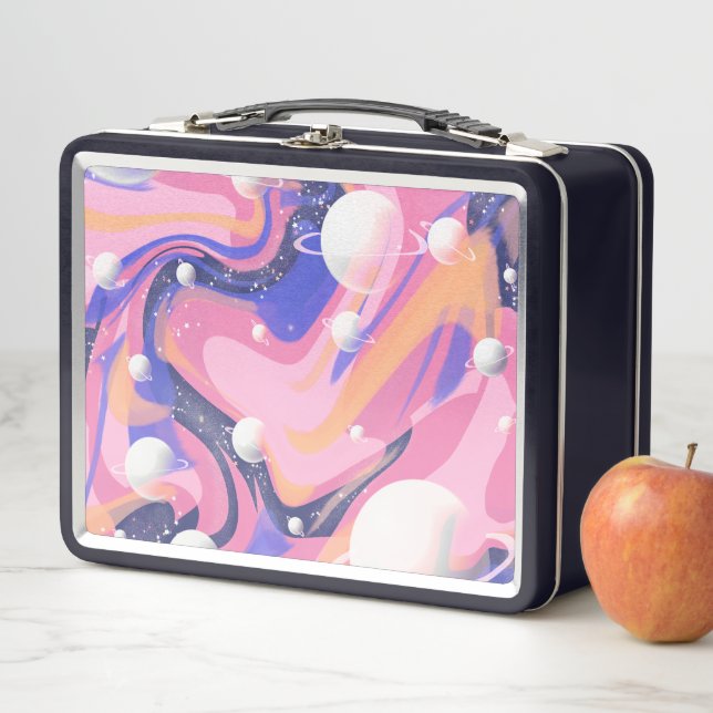 Pink And Purple Outer Space Swirl Abstract Metal Lunch Box (In Situ)