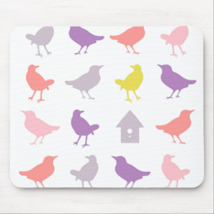 Pink and Purple Pastel Birds with Birdhouse Mouse Pad