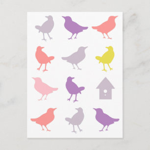 Pink and Purple Pastel Birds with Birdhouse Postcard