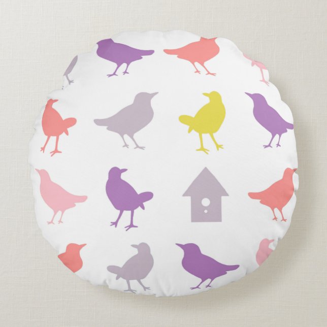 Pink and Purple Pastel Birds with Birdhouse Round Pillow (Front)