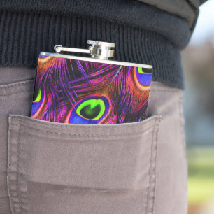 Pink and purple peacock feather texture design hip flask