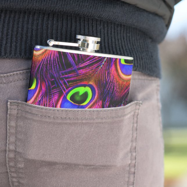 Pink and purple peacock feather texture design hip flask (In Situ)