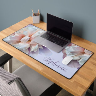 Pink and Purple Peonies Custom Script Name Desk Mat