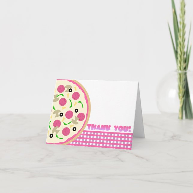 Pink and Purple Pizza Party Thank You Note Card (Front)