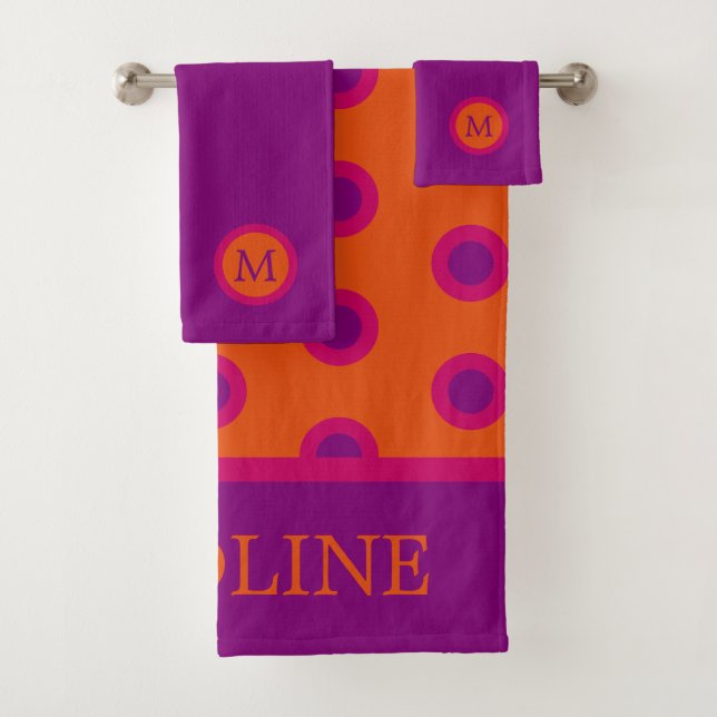 Pink and Purple Polka Dot on Orange Monogram Bath Towel Set (Insitu)
