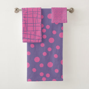 Pink and Purple polka dots and grid Bath Towel Set