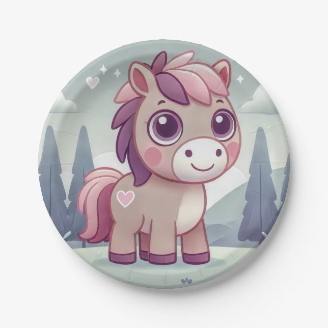 Pink and Purple Pony in Dreamy Meadow Paper Plate (Front)