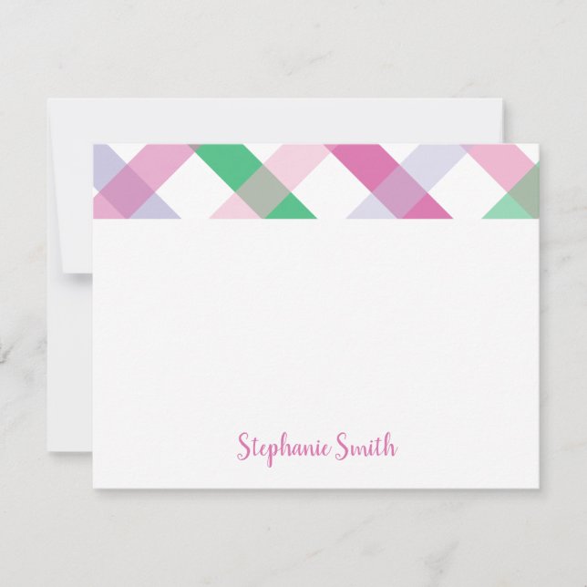 Pink and Purple Preppy Plaid Personalized Card (Front)
