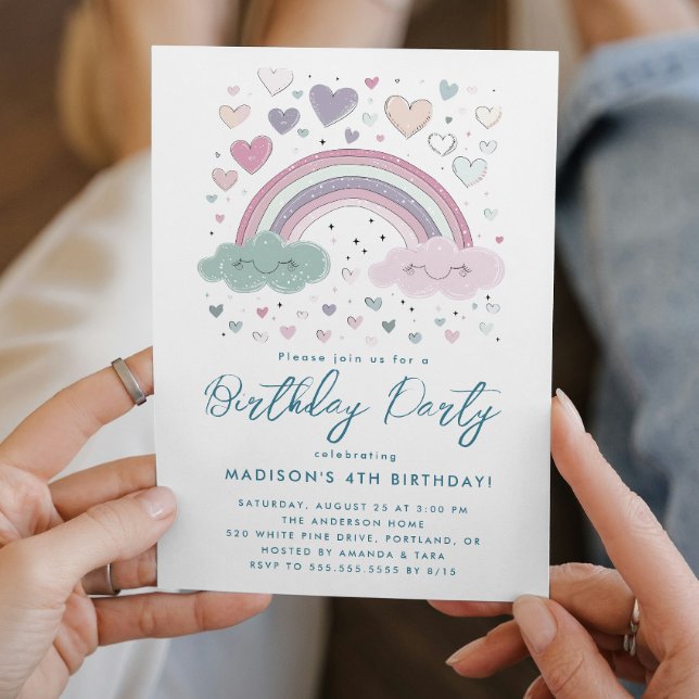 Pink and Purple Rainbow & Hearts Birthday Party Invitation (Creator Uploaded)