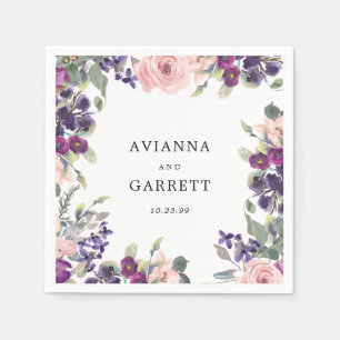 Pink and Purple Rose Floral Personalized Wedding Napkin