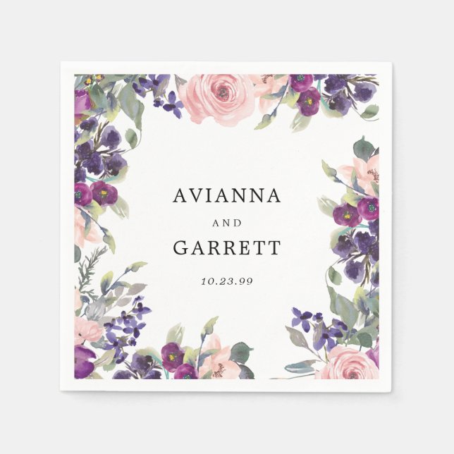 Pink and Purple Rose Floral Personalized Wedding Napkin (Front)