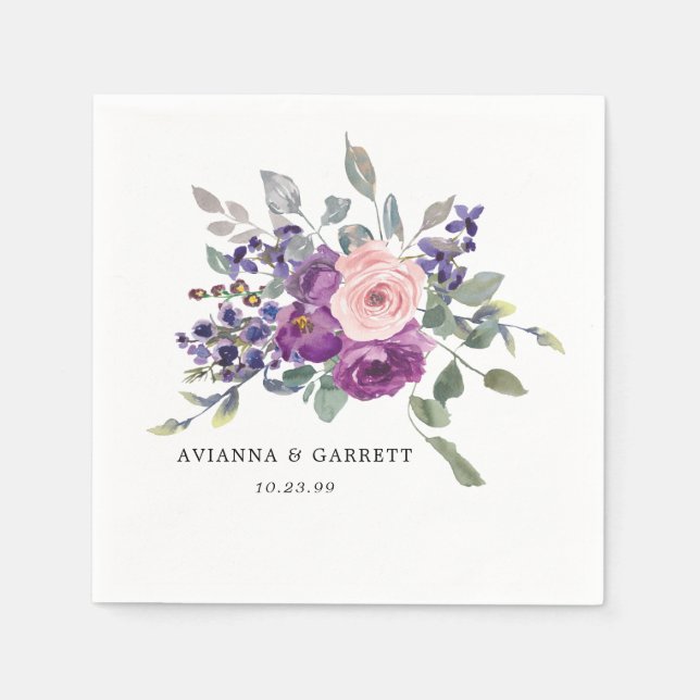 Pink and Purple Rose Floral Personalized Wedding Napkin (Front)