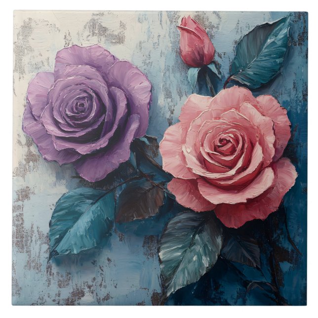 Pink and Purple Roses Distressed Background Tile (Front)