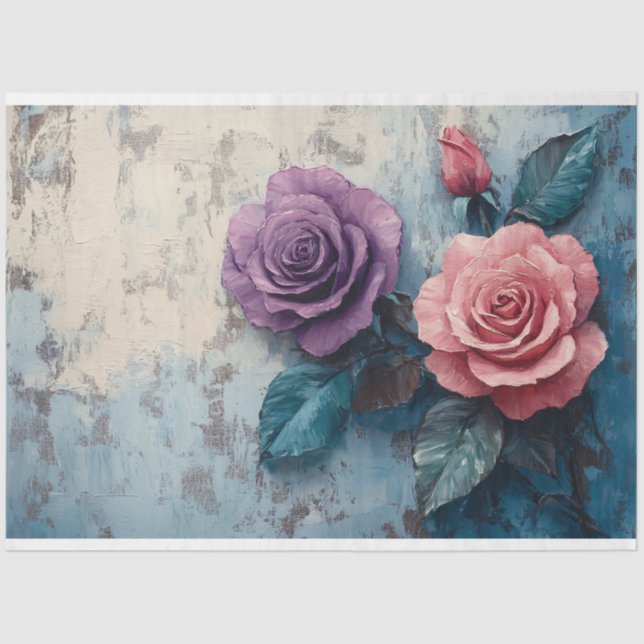 Pink and Purple Roses Distressed Decoupage Tissue Paper (Front)