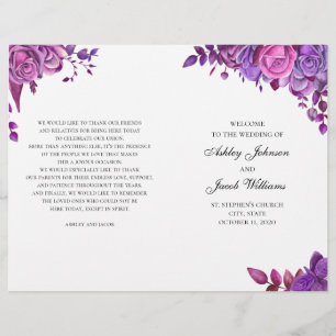 Pink and purple roses. Wedding program folded